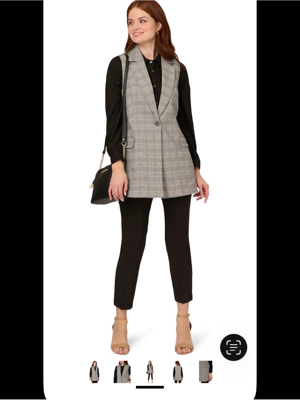 Adrianna Papell Gray Glen Plaid Sleeveless Long Vest with Black Pants